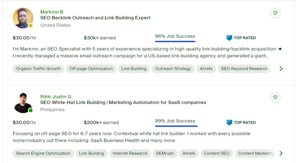 Top-rated link building freelancers on UpWork.