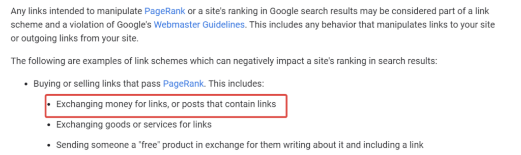 Google Webmaster Guidelines about paid backlinks