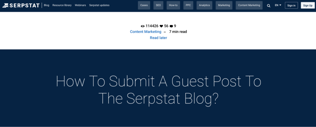 Screenshot of the post "How to submit a guest post to Blog" on Serpstat Blog