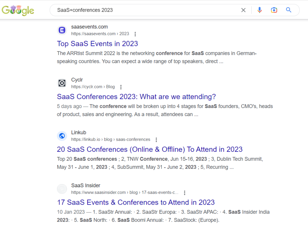 Google search results for the "SaaS+conferences 2023" keyword.