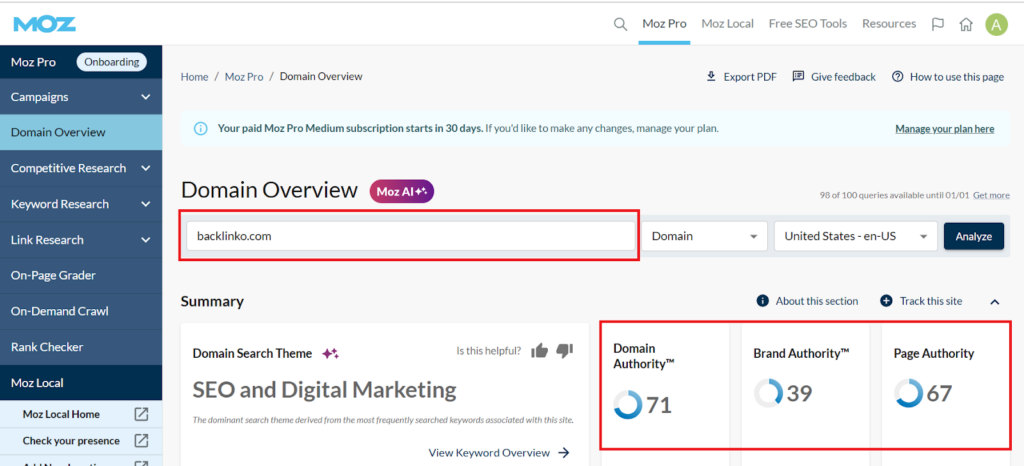 Check the DA&PA score with Moz