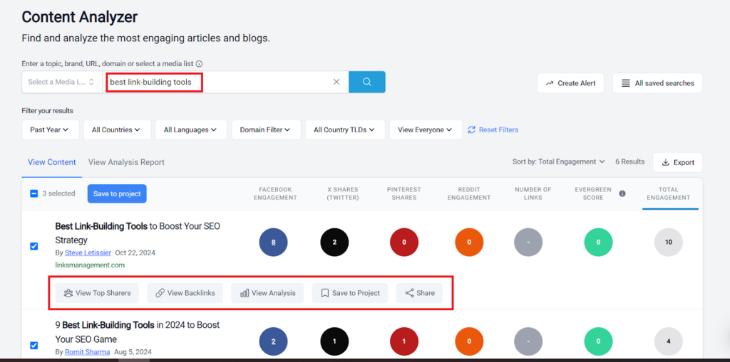 filter results by freshness, trending country, language, and website domain