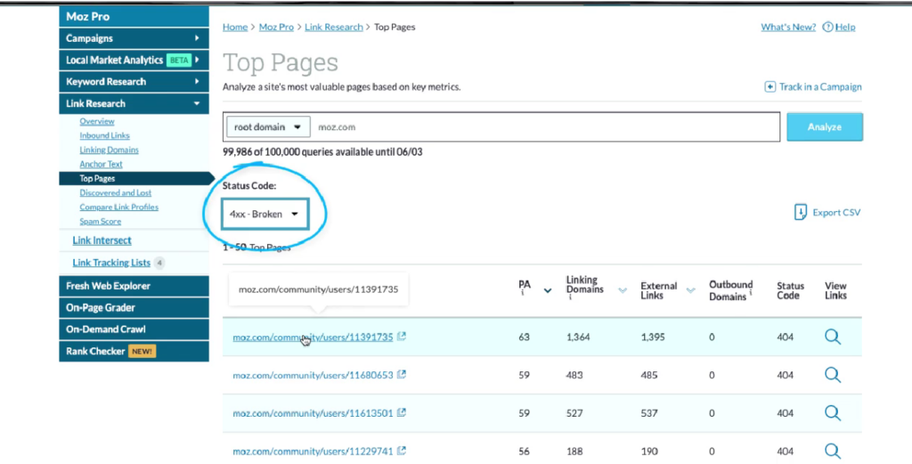 Identify broken links with Moz Tools