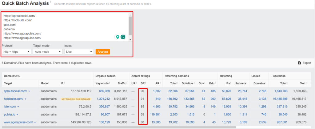 How to batch analyze domains and filter them by DR with Ahrefs.