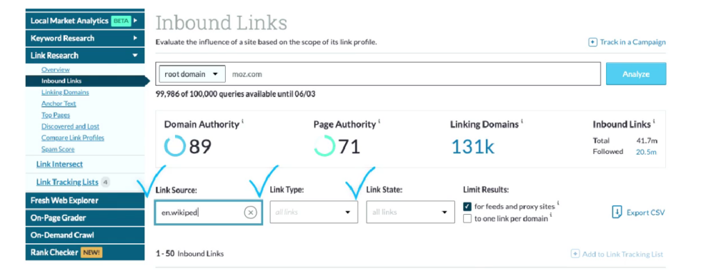 Inbound Links by Moz Tool