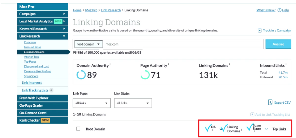 Linking Domains by Moz Tool