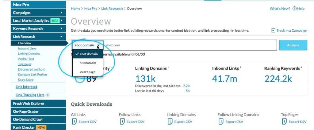 Overview Backlinks by Moz