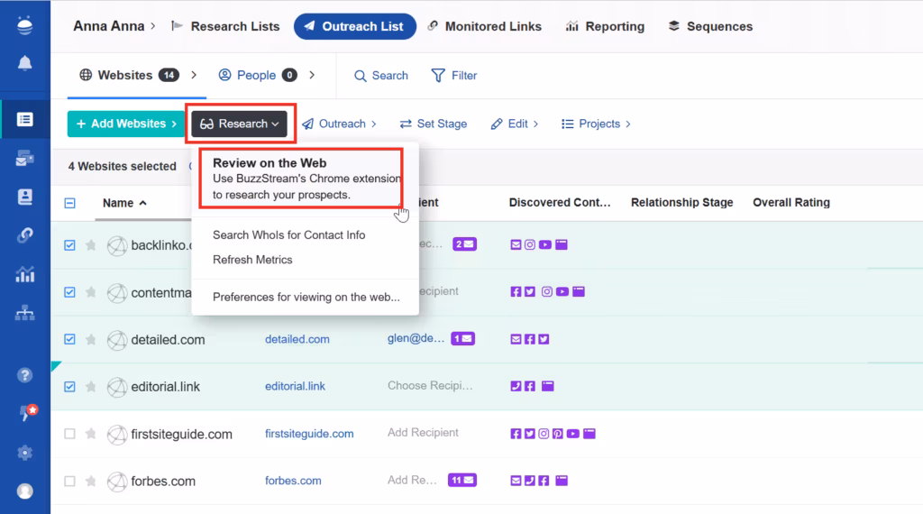 Researh tool by Buzzstream
