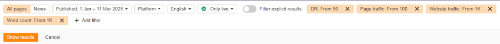 Apply filters to pre-qualify the sites.