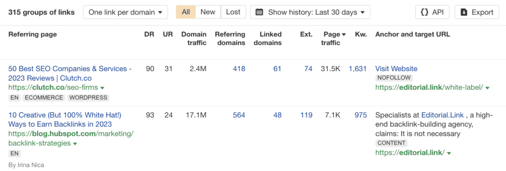 Amostra de links do HubSpot