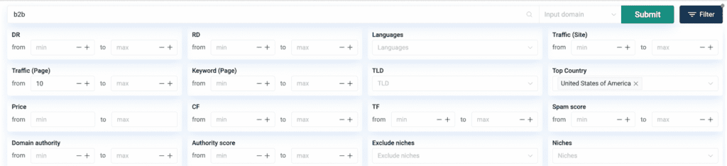 You can search the database by keyword and filter the results by DR/DA/AS, language, top country, website, page traffic