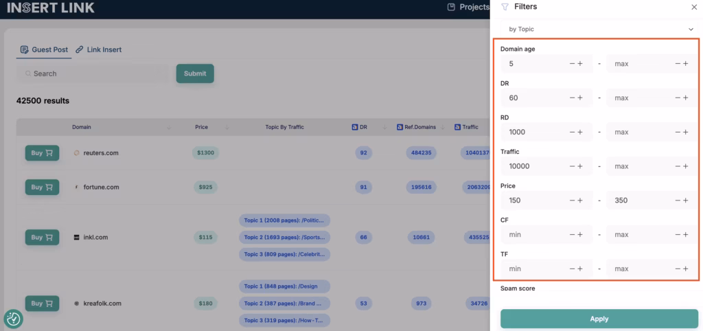 20+ filters to choose website on INSERT.LINK