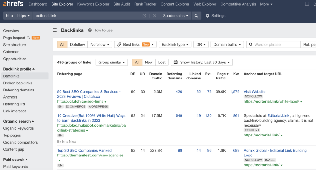 Backlinks Report by Ahrefs - Editorial.Link