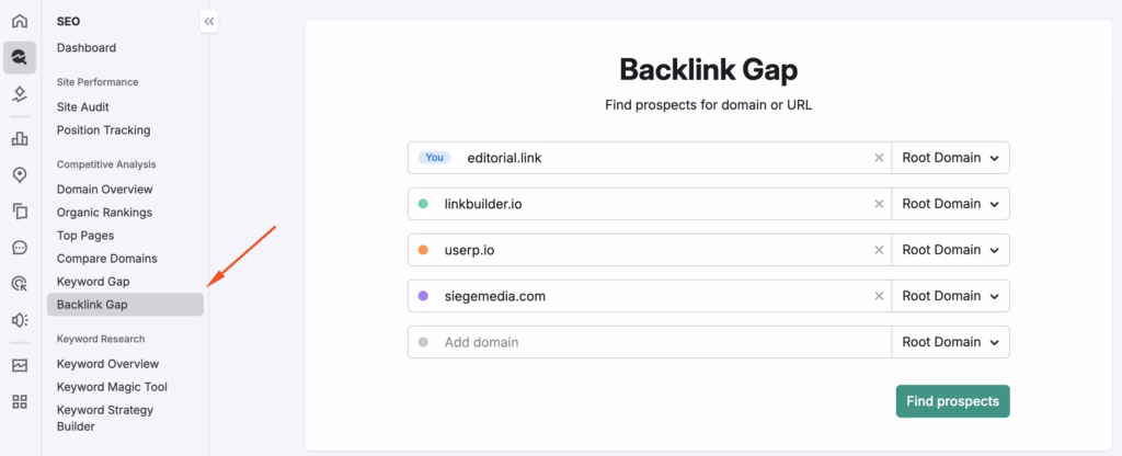 Semrush backlink gap tool