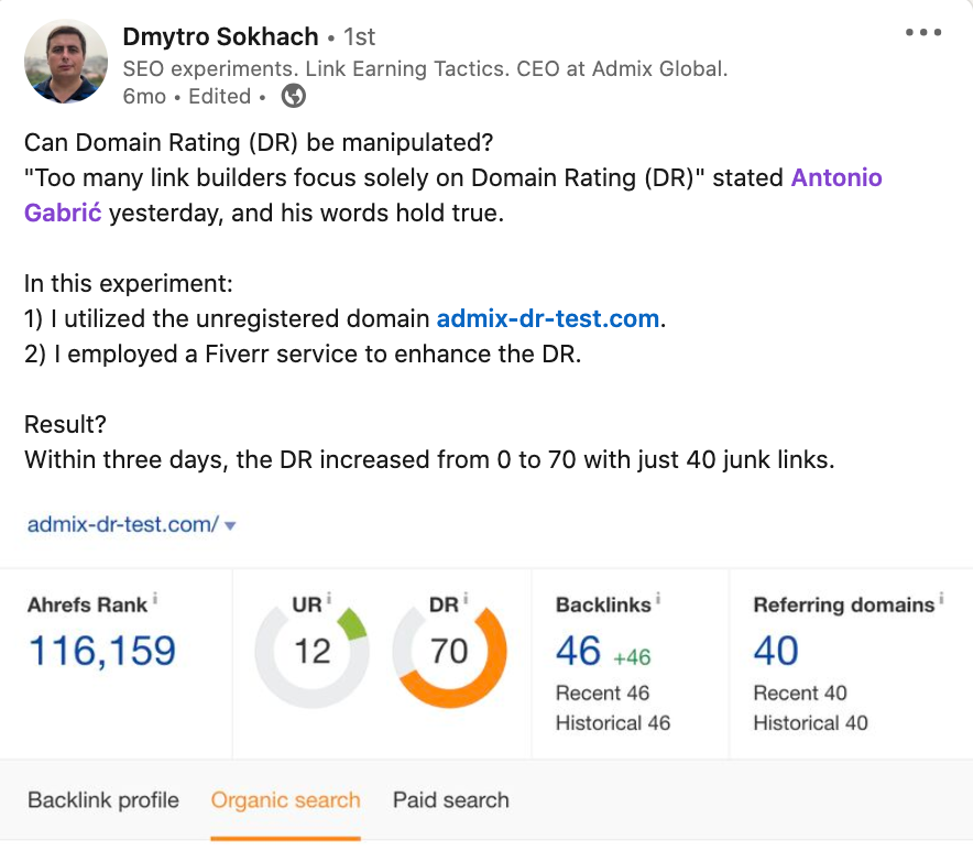 Dmytro Sokhach experiment with domain rating