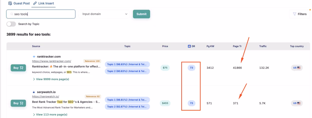 INSERT.LINK dashboard with sites
