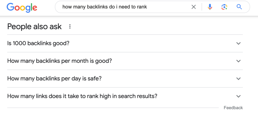 People Also Ask "how many backlinks do i need to rank"