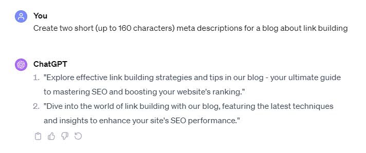 Example of 2 meta descriptions generated by ChatGPT for a blog about link building