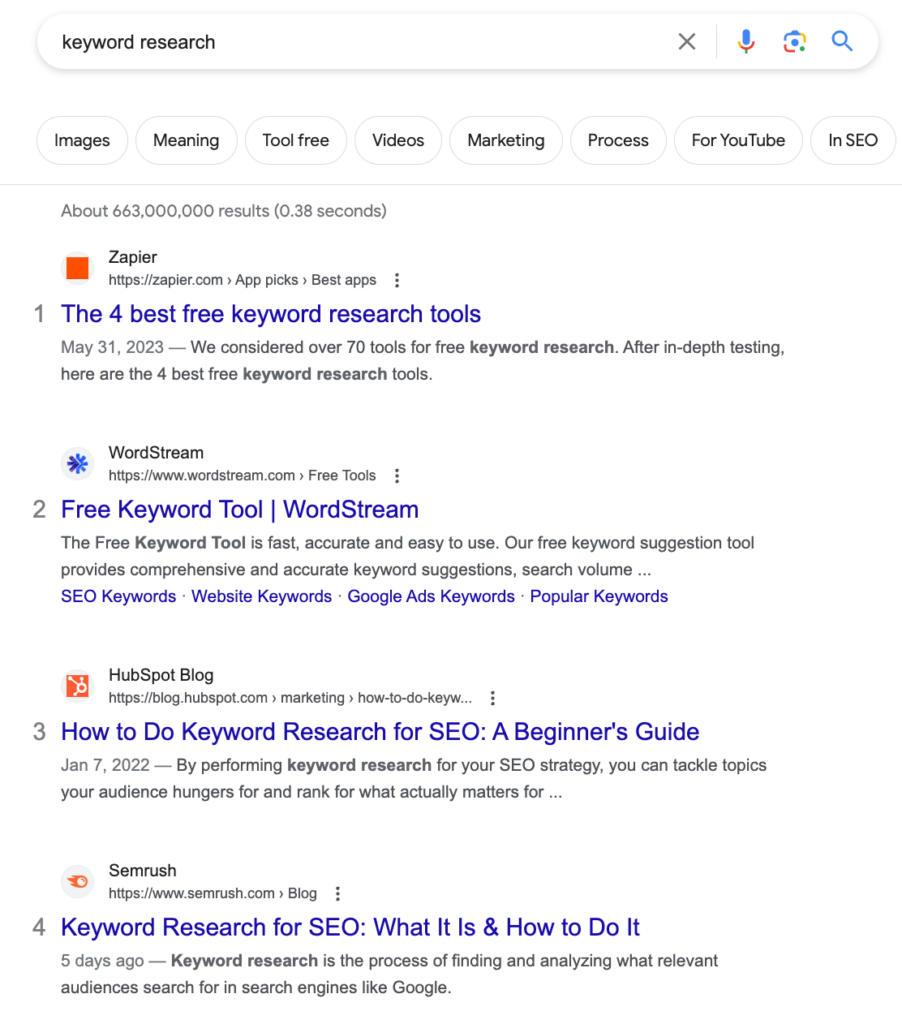 example of SERP for keyword research querie