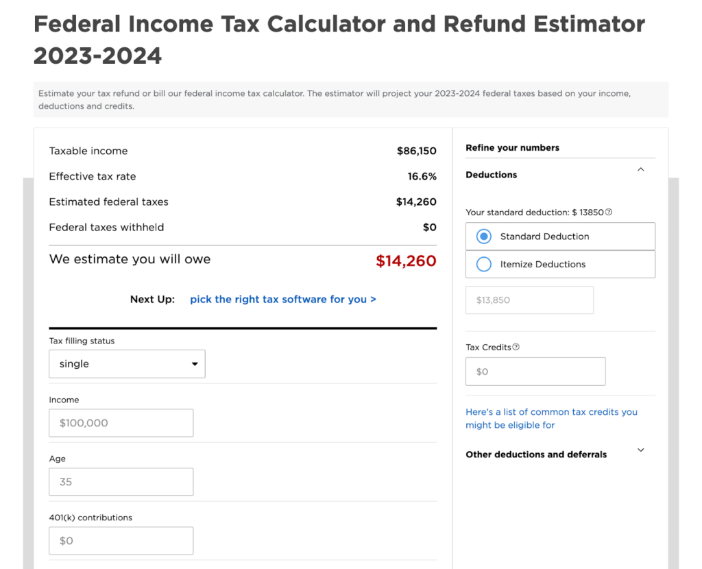 example of free tax calculator by NerdWallet