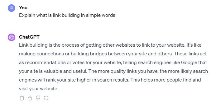 Link building definition generated by ChatGPT in simple words