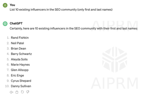 List of 10 SEO influencers by chatGPT