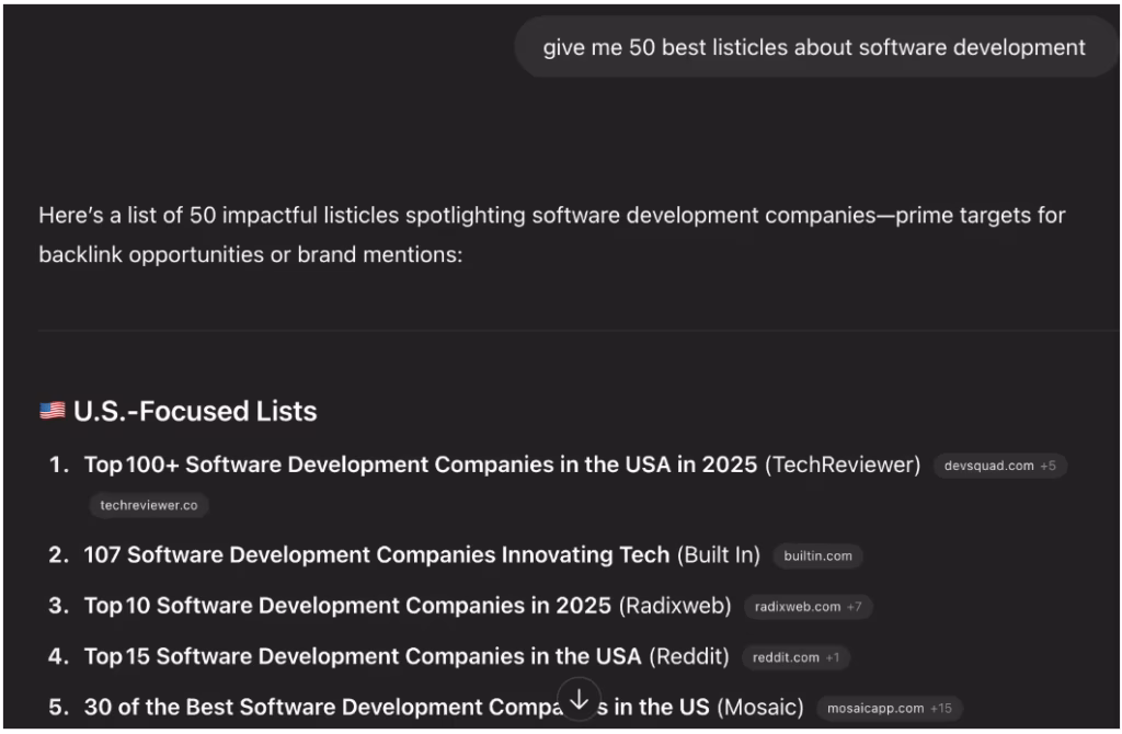 use a prompt like give me 50 best listicles about software development