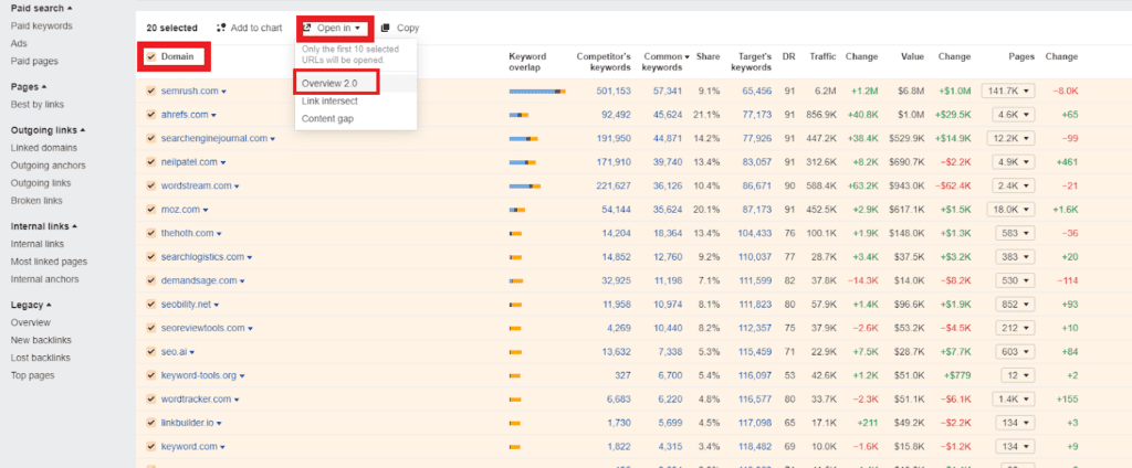 entire list of competitor domains and choosing Overview 2.0 filter