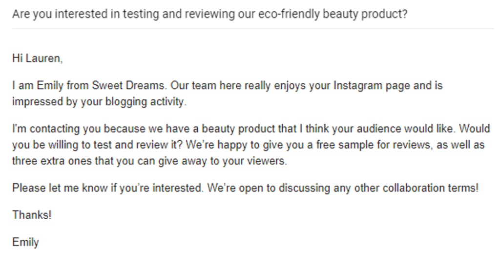 example of blogger outreach email for product review