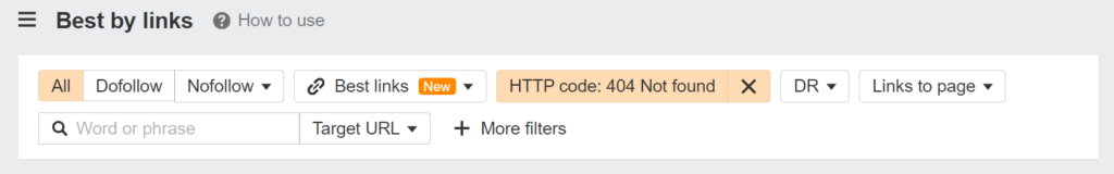 filter the links by 404 HTTP code