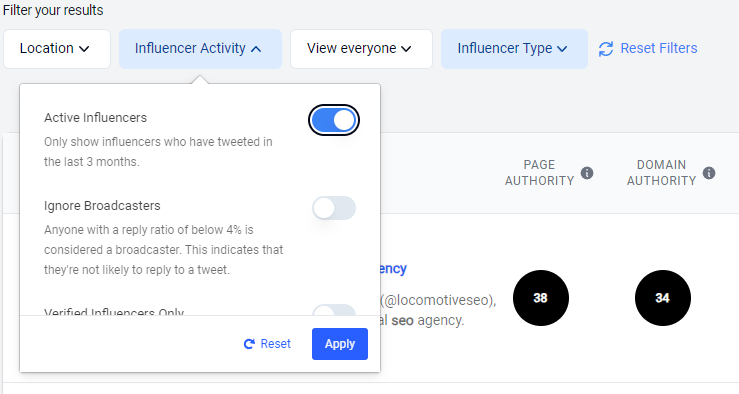 In the Influencer Activity, toggle Active Influencers on.