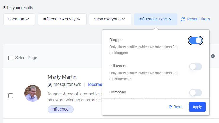 In the Influencer Type dropdown, choose toggle Blogger on.