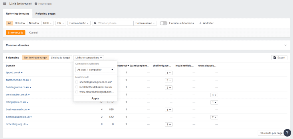 Filter the results to include domains linking to at least one competitor