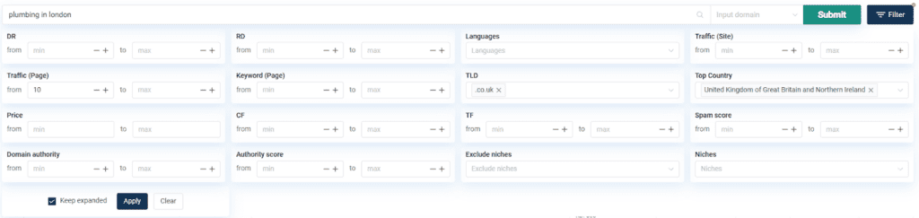 Filters availible on INSERT.LINK local link building services