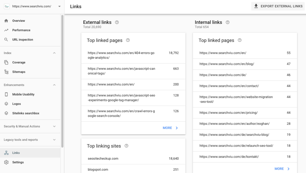 google search console links