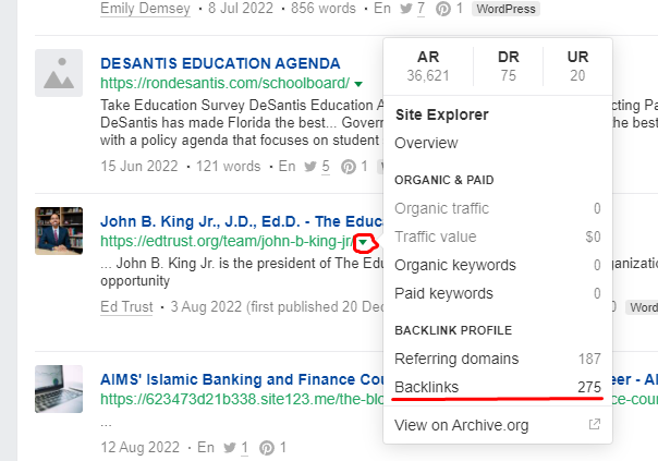 click the small arrow next to the URL and select Backlinks