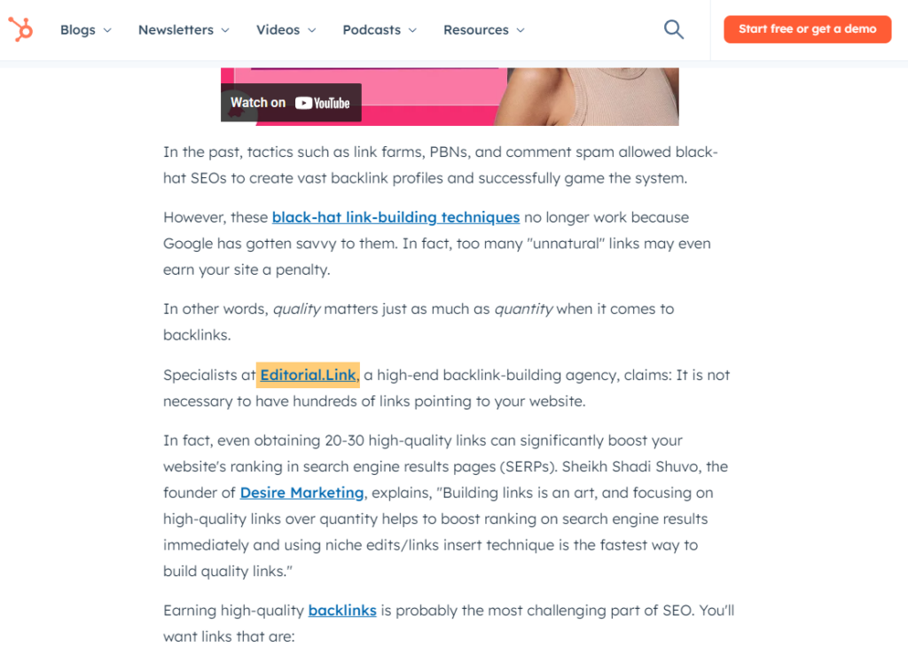 example of niche edits from hubspot