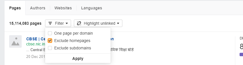 select the "Exclude homepages" filter and apply it