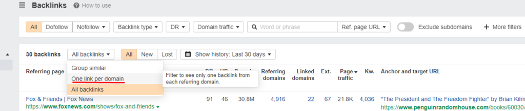 Set the one link per domain filter