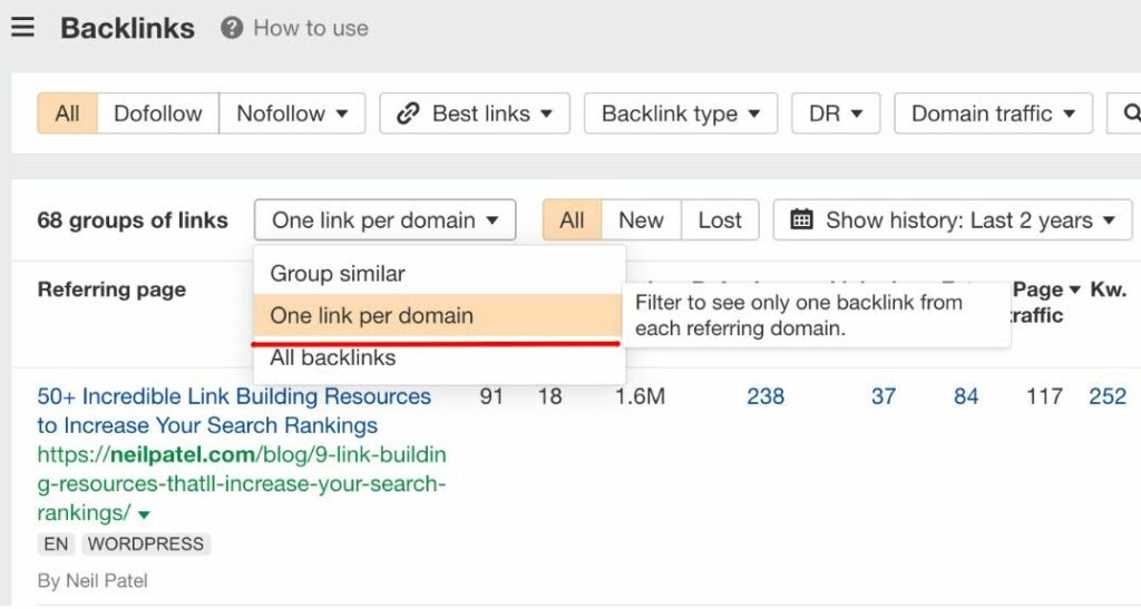 use the "One link per domain" filter