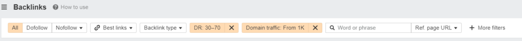 using Ahrefs filters to narrow down the selection