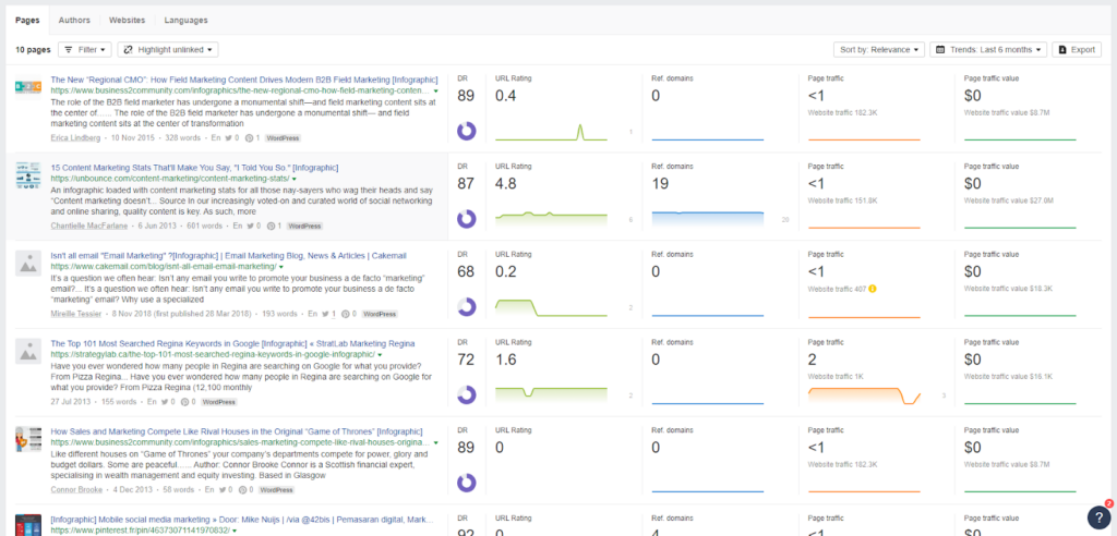 Filter the results by language, domain rating (30+), and page traffic (100+).