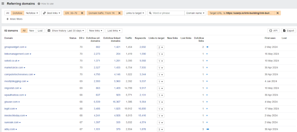 Set the filters for Dofollow links, DR30-70, and traffic 1K