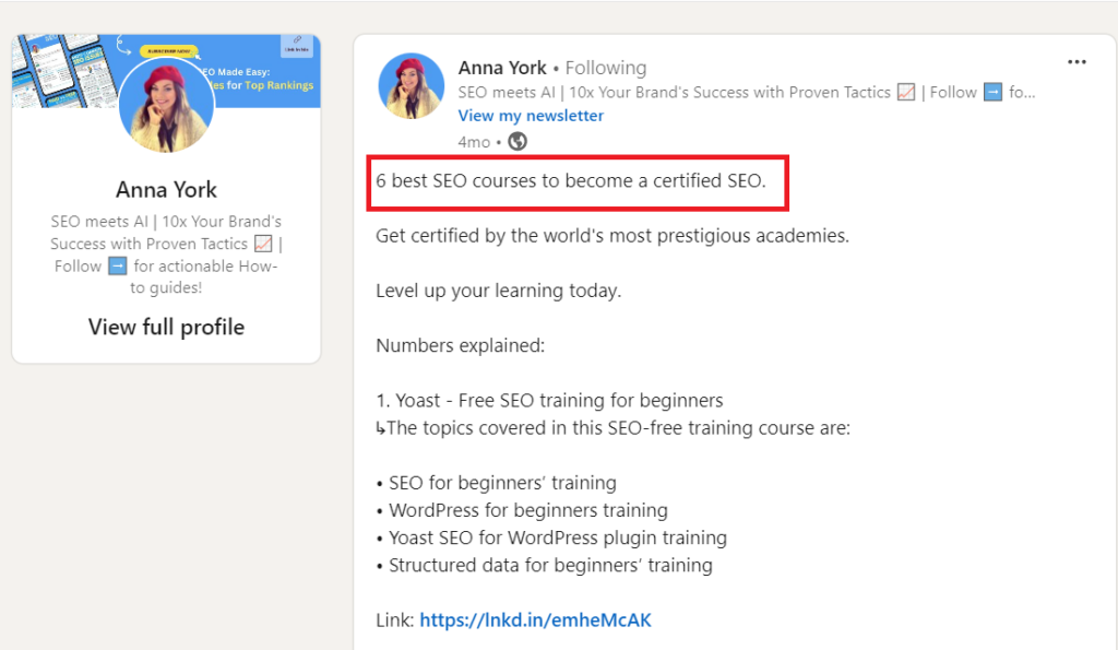 Anna York post on linkedin about SEO courses