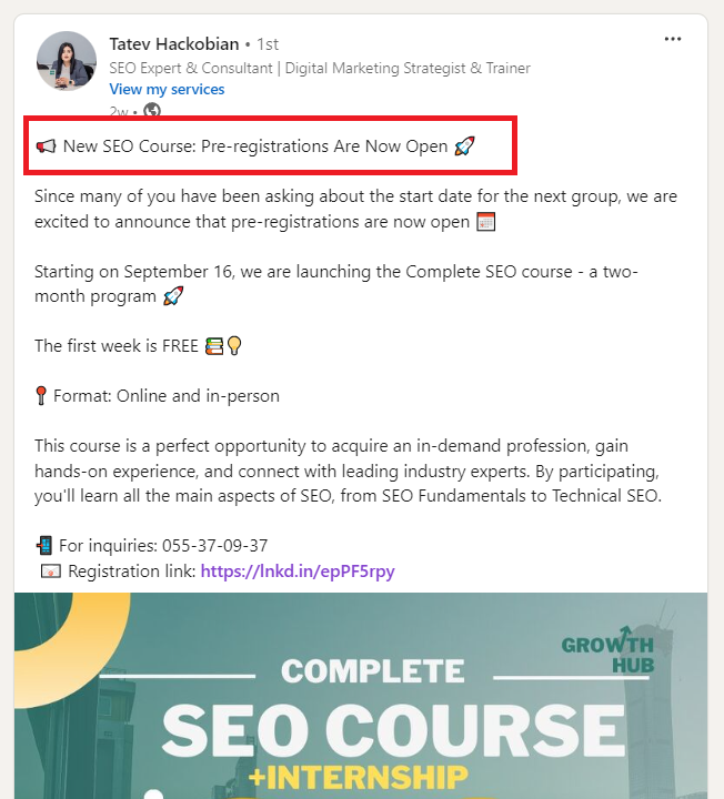 another post on linkedin about SEO courses