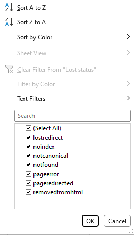 either export all links to a spreadsheet and filter them there.