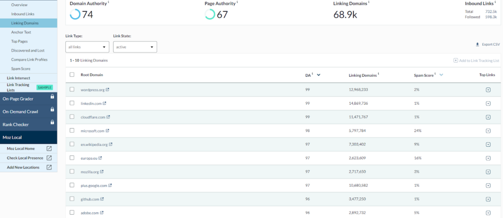 head over to the Inbound Links and Linking Domains reports