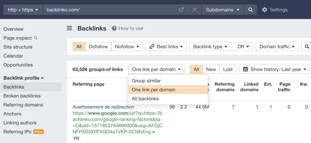 toggling between One link per domain to see the referring domains