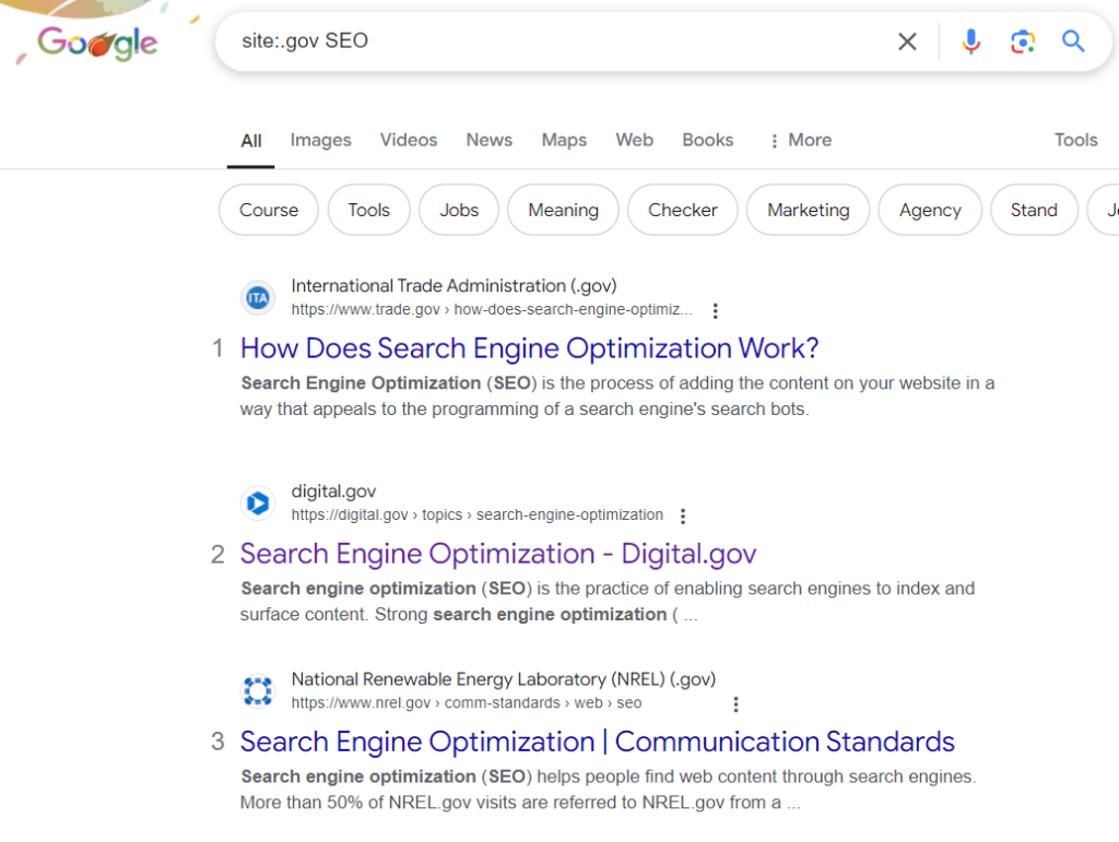 use search operator to find relevant gov website