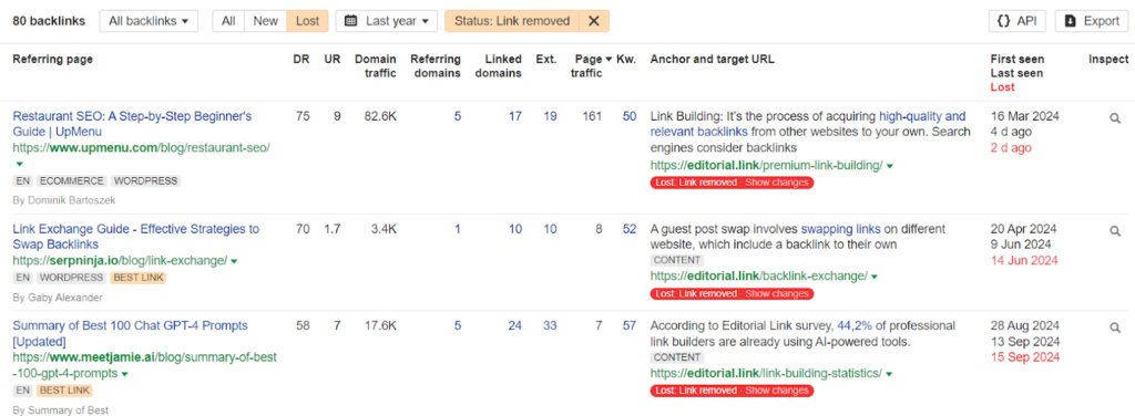 use the Status filter to view removed links